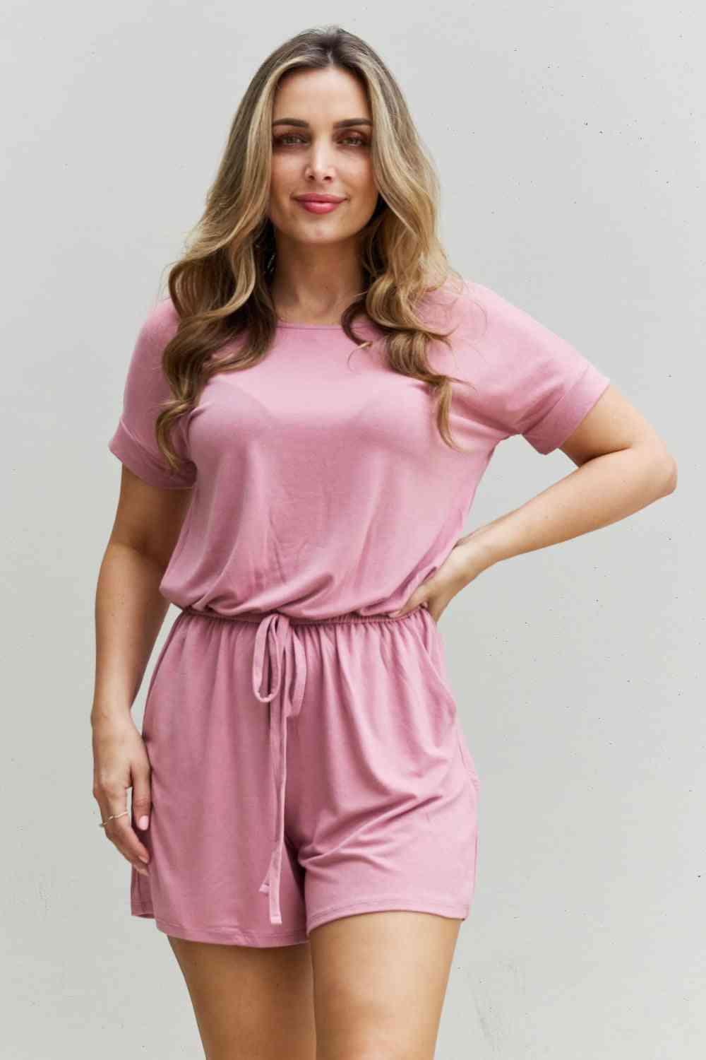 Zenana Chilled Out Full Size Short Sleeve Romper in Light Carnation Pink rompers Carnation Pink