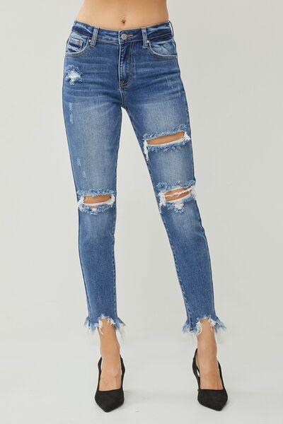 RISEN Distressed Frayed Hem Slim Jeans pants DARK