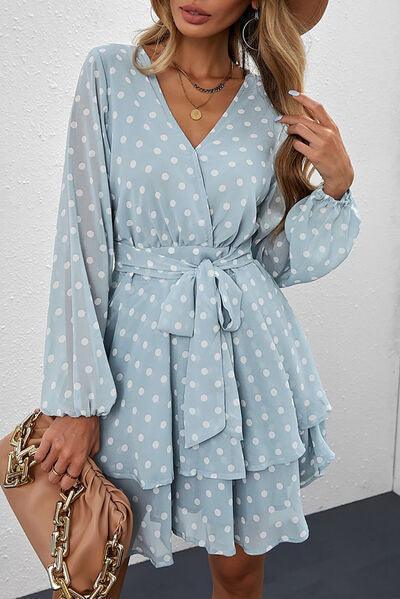 Tied Layered Polka Dot Balloon Sleeve Dress Dress Misty Blue
