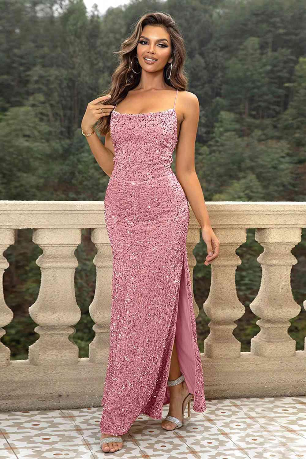 Sequin Backless Split Maxi Dress formal dress Strawberry