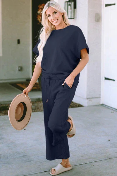 Double Take Full Size Texture Short Sleeve Top and Pants Set Clothing Set