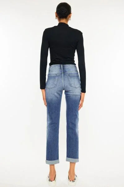 Kancan High Waist Distressed Hem Detail Cropped Straight Jeans pants