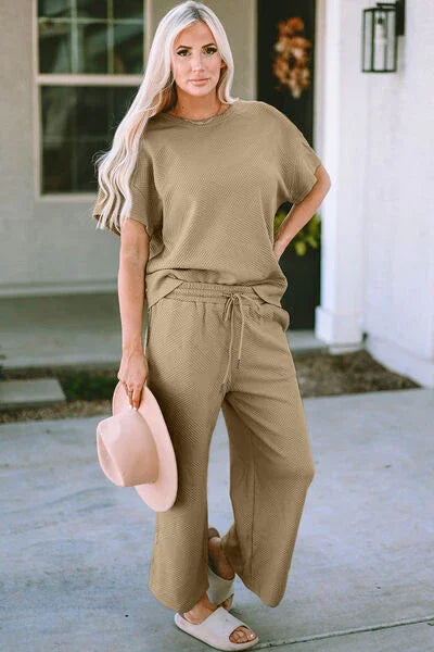 Double Take Full Size Texture Short Sleeve Top and Pants Set Clothing Set