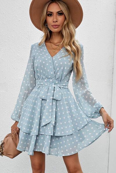 Tied Layered Polka Dot Balloon Sleeve Dress Dress