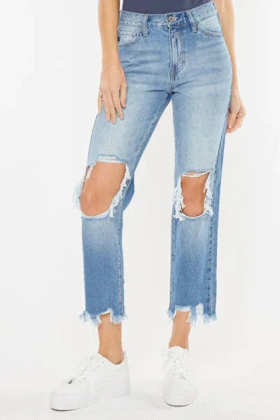 Kancan High Waist Chewed Up Straight Mom Jeans pants Medium