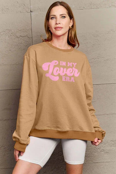 Simply Love Full Size IN MY LOVER ERA Round Neck Sweatshirt Sweatshirt Camel