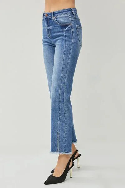 RISEN High Waist Raw Hem Slit Straight Jeans pants