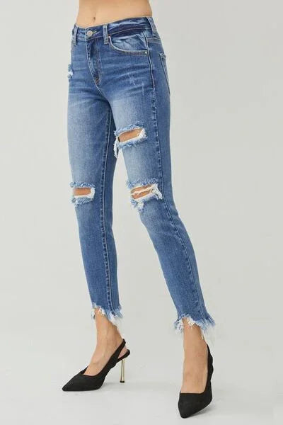 RISEN Distressed Frayed Hem Slim Jeans pants