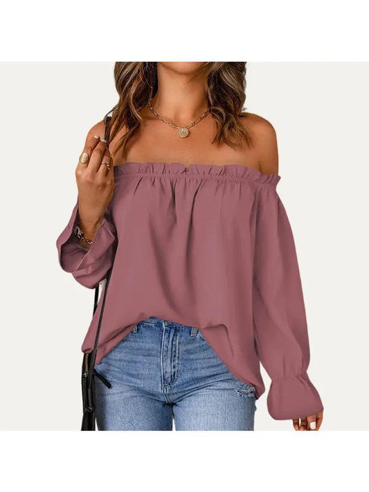 Trendy Solid Off-the-Shoulder Long Sleeve Ruffled Top shirt L