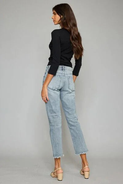 Kancan High Waist Button Fly Raw Hem Cropped Straight Jeans pants
