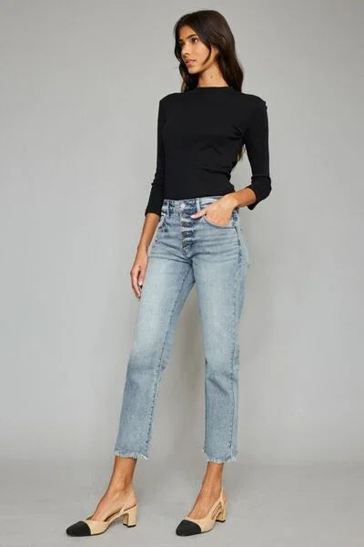 Kancan High Waist Button Fly Raw Hem Cropped Straight Jeans pants