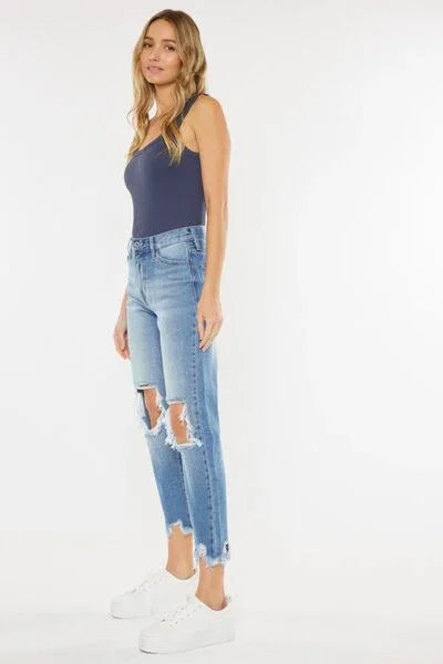 Kancan High Waist Chewed Up Straight Mom Jeans pants