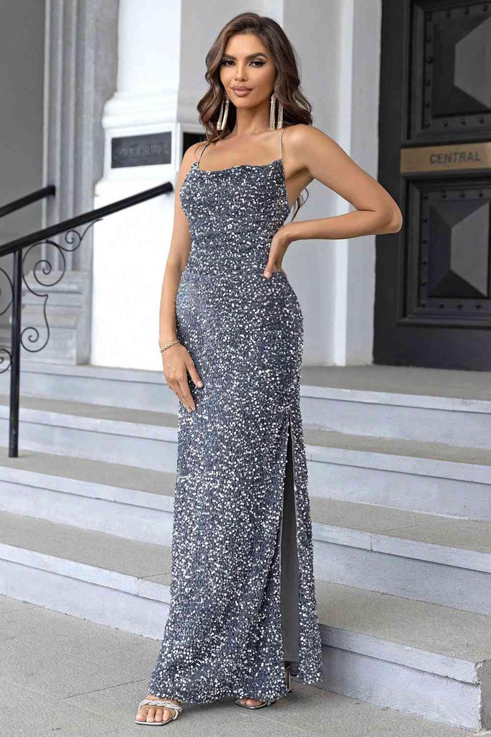 Sequin Backless Split Maxi Dress formal dress