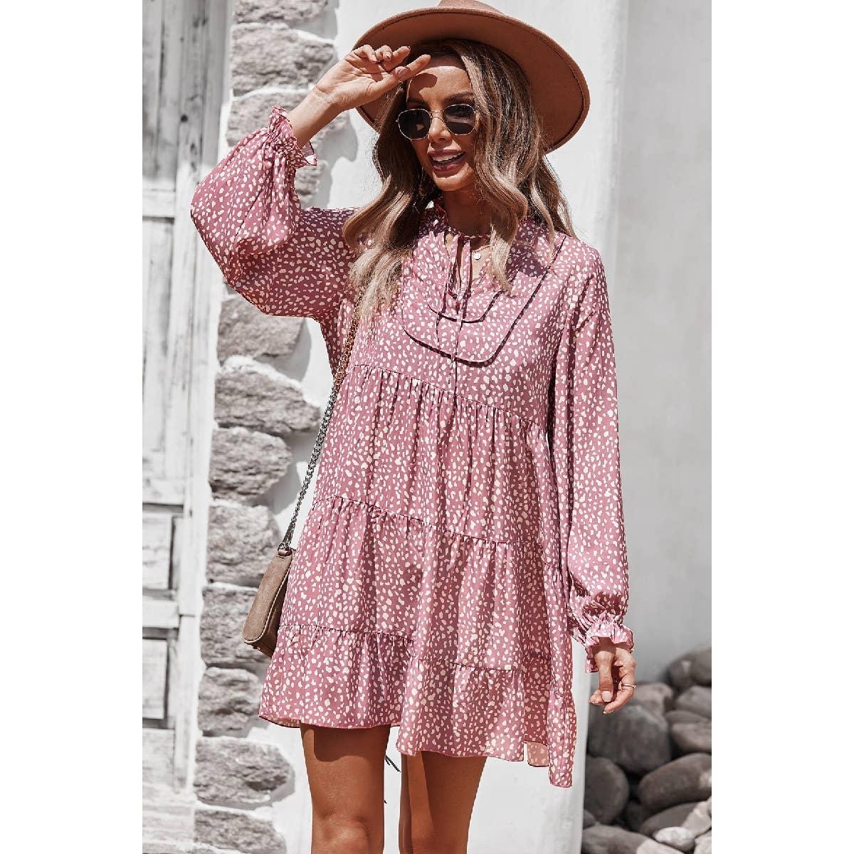 V Neck Polka Dot Long Sleeve Dress Dress