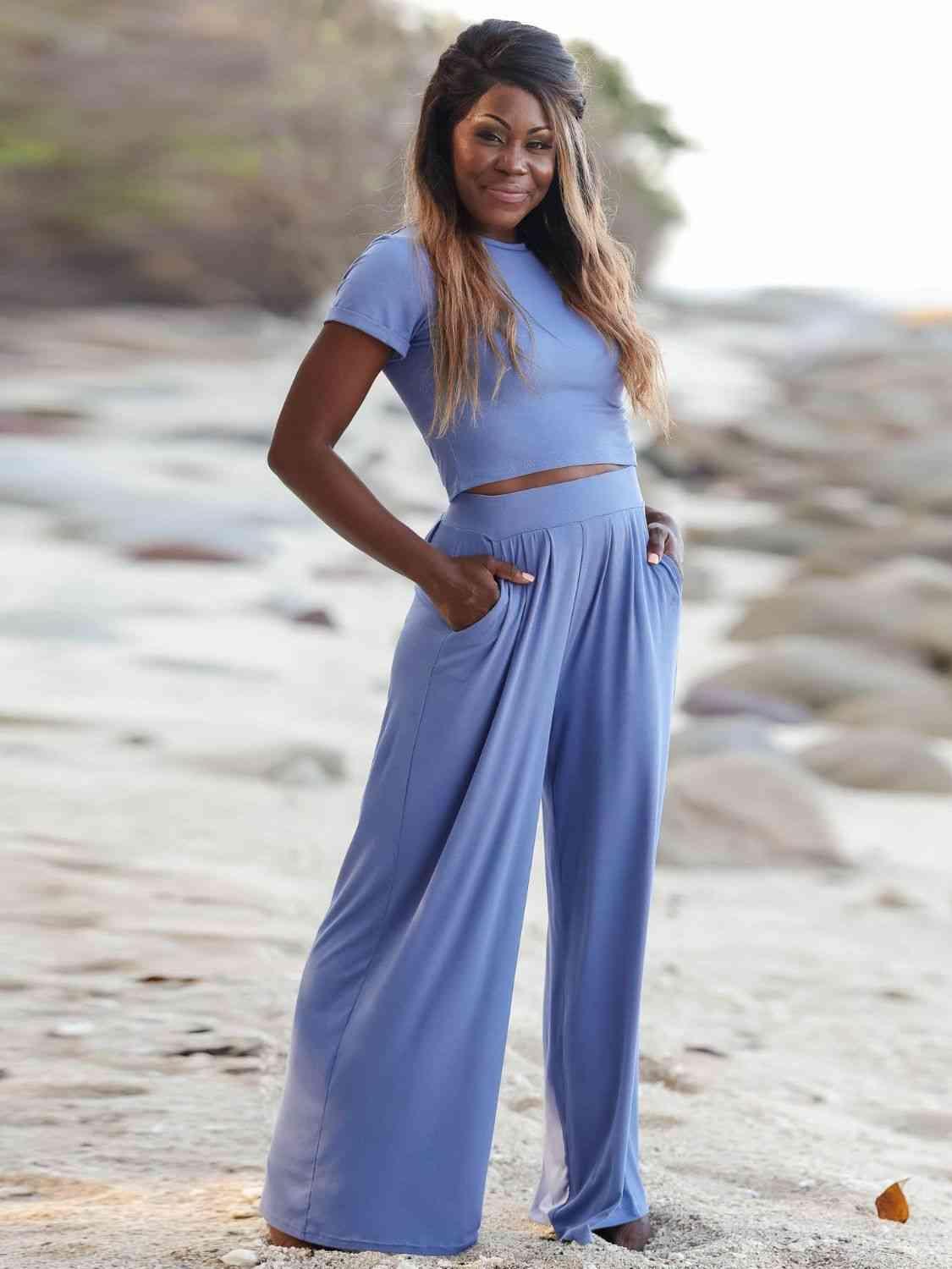 Short Sleeve T-Shirt and Wide Leg Pants Set Misty Blue