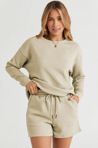 Double Take Full Size Texture Long Sleeve Top and Drawstring Shorts Set Clothing Set