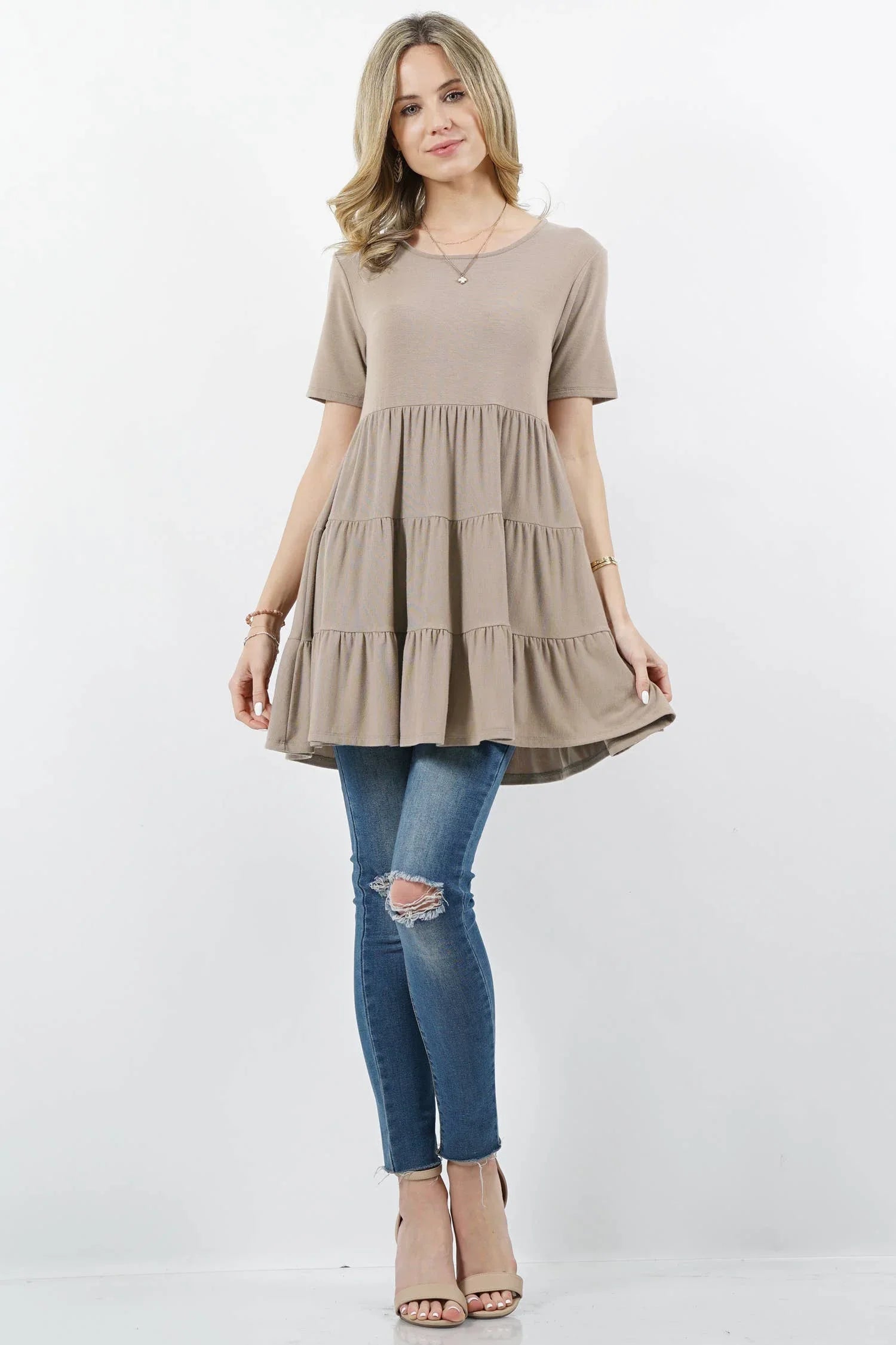 Short Sleeve Tiered Ruffle Tunic Shirt ASH MOCHA