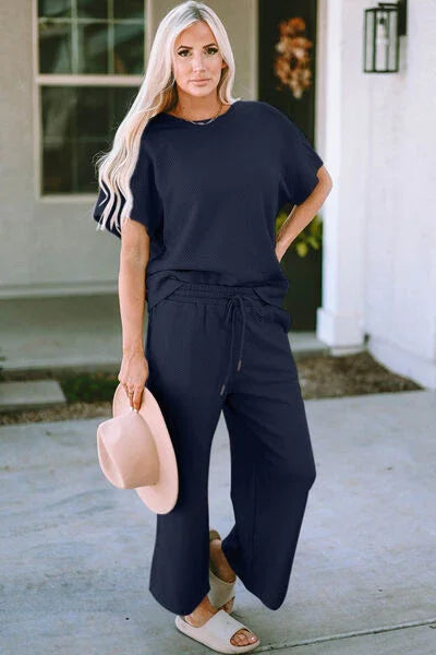 Double Take Full Size Texture Short Sleeve Top and Pants Set Clothing Set