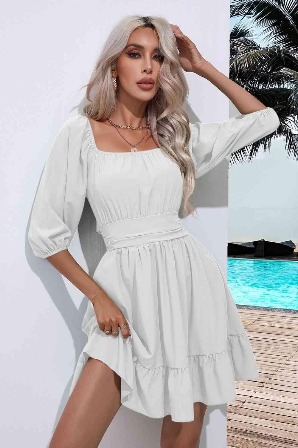 Square Neck Tie Back Ruffle Hem Dress Dress White