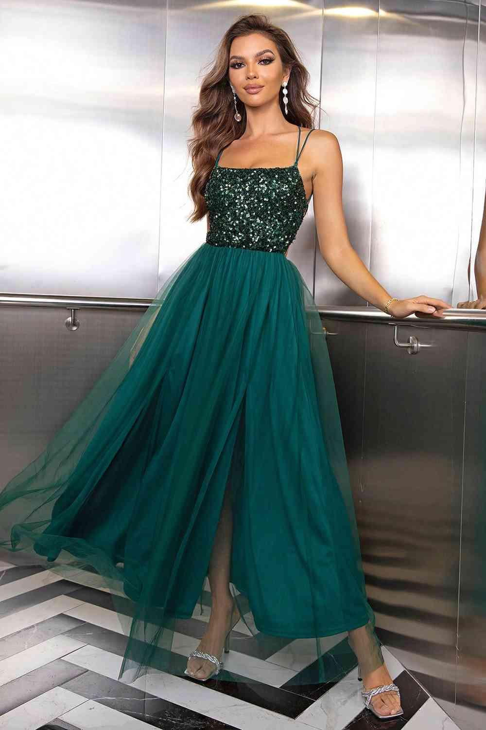 Lace-Up Backless Mesh Dress formal dress Green