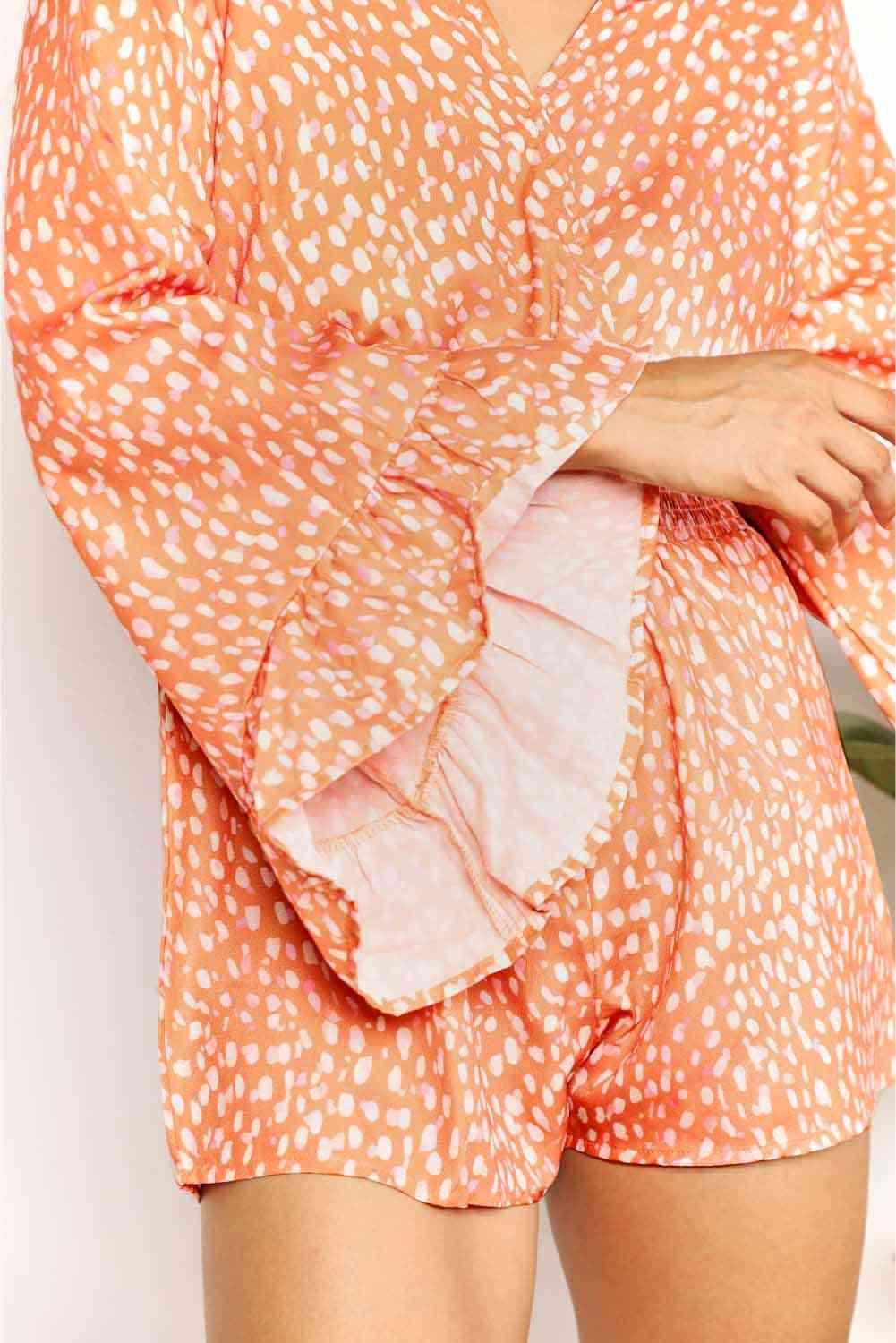Double Take Printed Flare Sleeve Surplice Romper rompers
