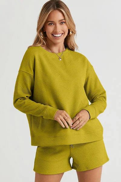 Double Take Full Size Texture Long Sleeve Top and Drawstring Shorts Set Clothing Set Chartreuse