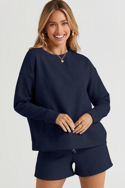Double Take Full Size Texture Long Sleeve Top and Drawstring Shorts Set Clothing Set