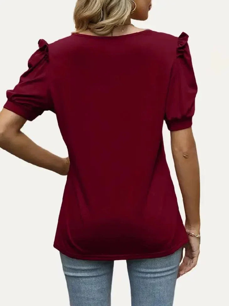 Chic Stretchy V Neck Short Sleeve Woven shirt