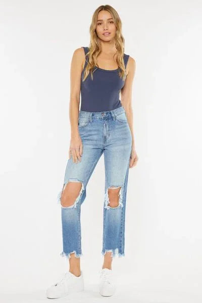 Kancan High Waist Chewed Up Straight Mom Jeans pants