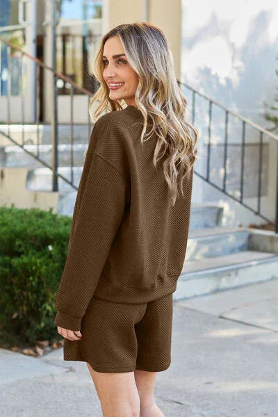 Double Take Full Size Texture Long Sleeve Top and Drawstring Shorts Set Clothing Set
