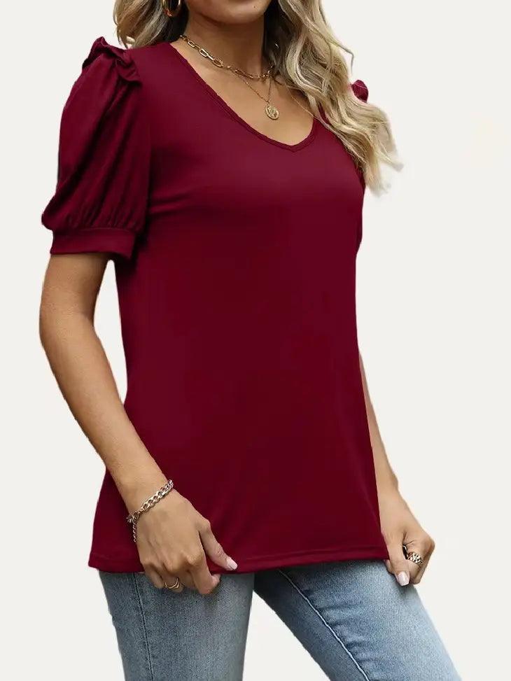 Chic Stretchy V Neck Short Sleeve Woven shirt