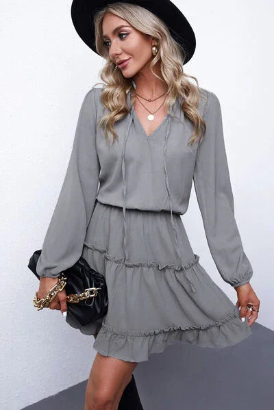 Frill Tie Neck Balloon Sleeve Dress Dress