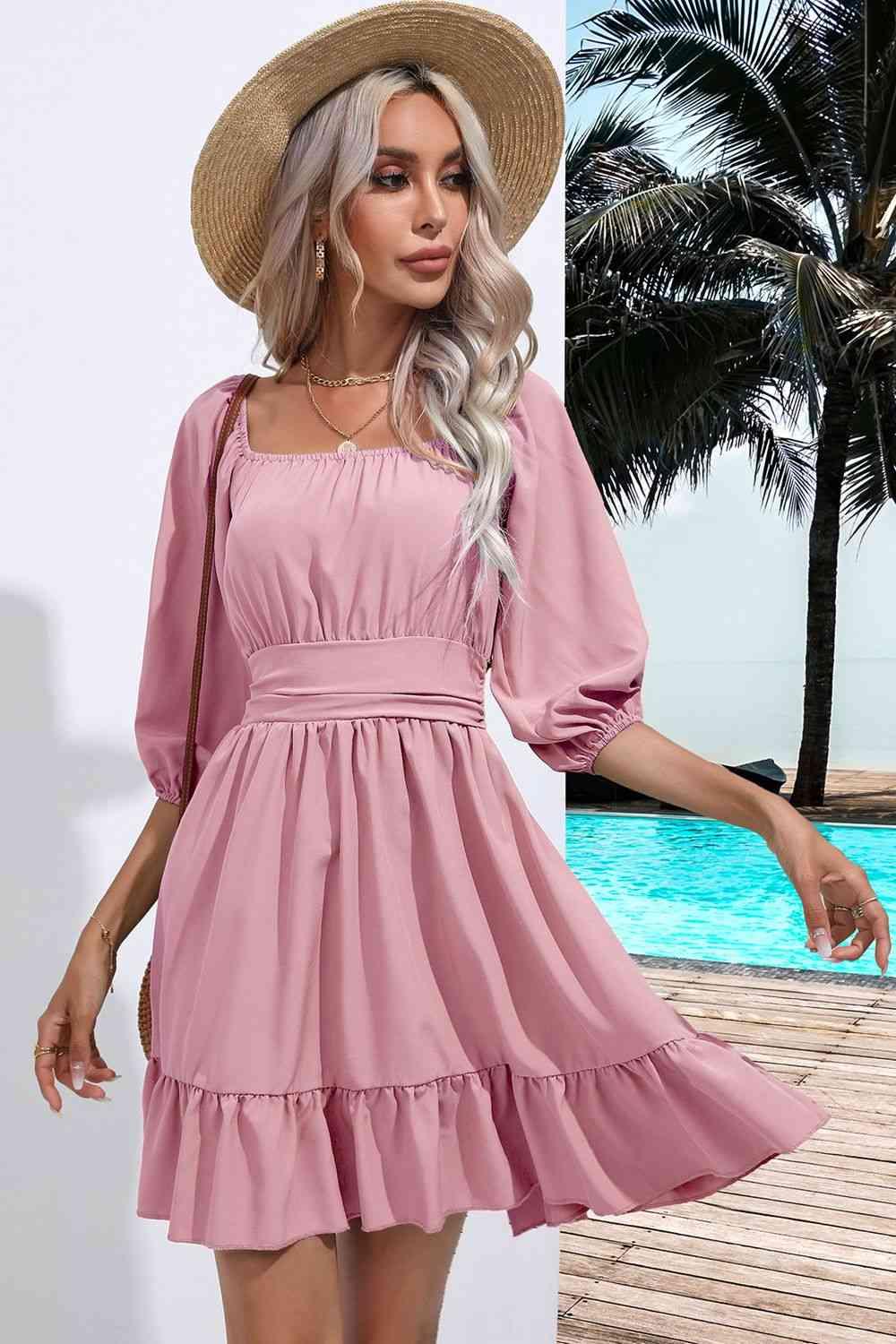 Square Neck Tie Back Ruffle Hem Dress Dress