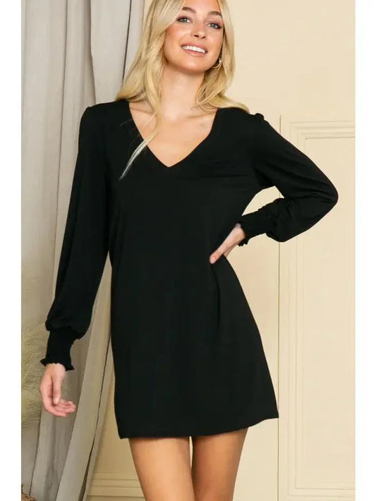 Plus Solid Long Sleeve V Neck Dress Dress