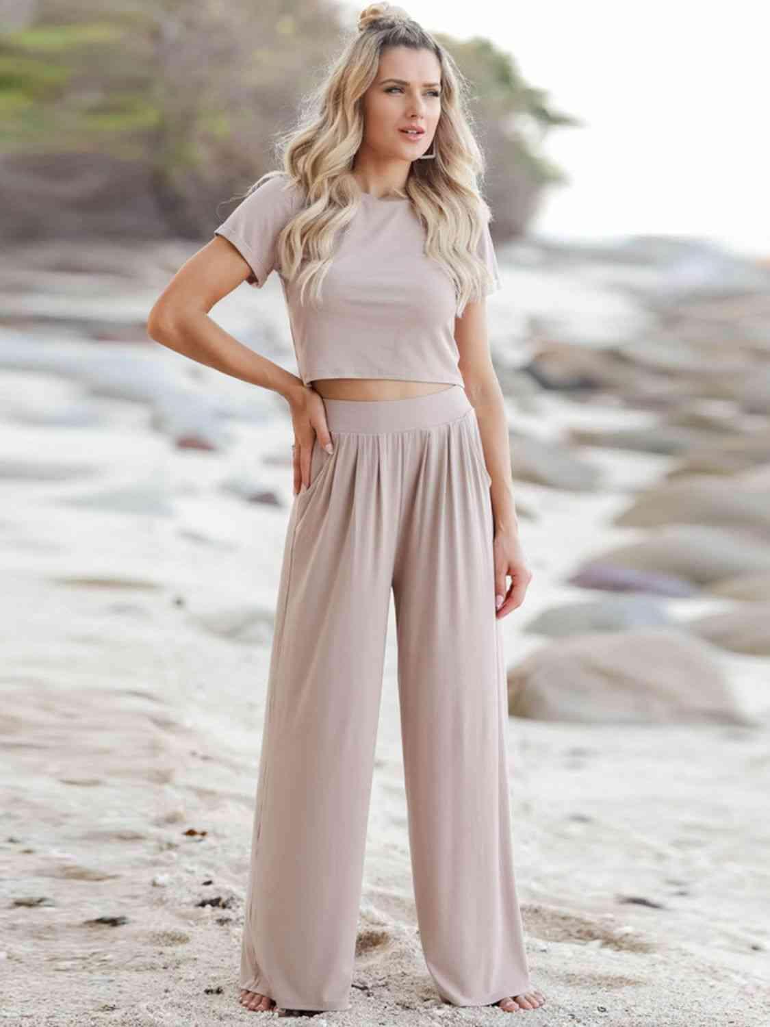 Short Sleeve T-Shirt and Wide Leg Pants Set Dust Storm