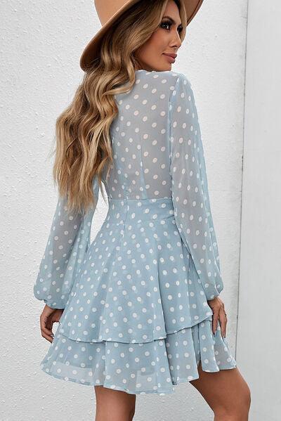 Tied Layered Polka Dot Balloon Sleeve Dress Dress