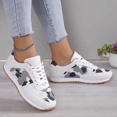 Tied Printed PU Leather Athletic Shoes White