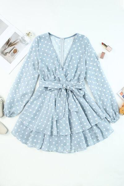 Tied Layered Polka Dot Balloon Sleeve Dress Dress