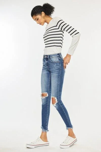 Kancan High Waist Distressed Raw Hem Ankle Skinny Jeans pants