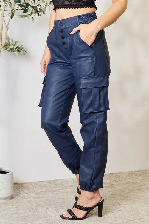 Kancan High Waist Faux Leather Cargo Joggers pants