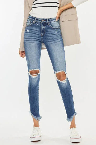 Kancan High Waist Distressed Raw Hem Ankle Skinny Jeans pants Light