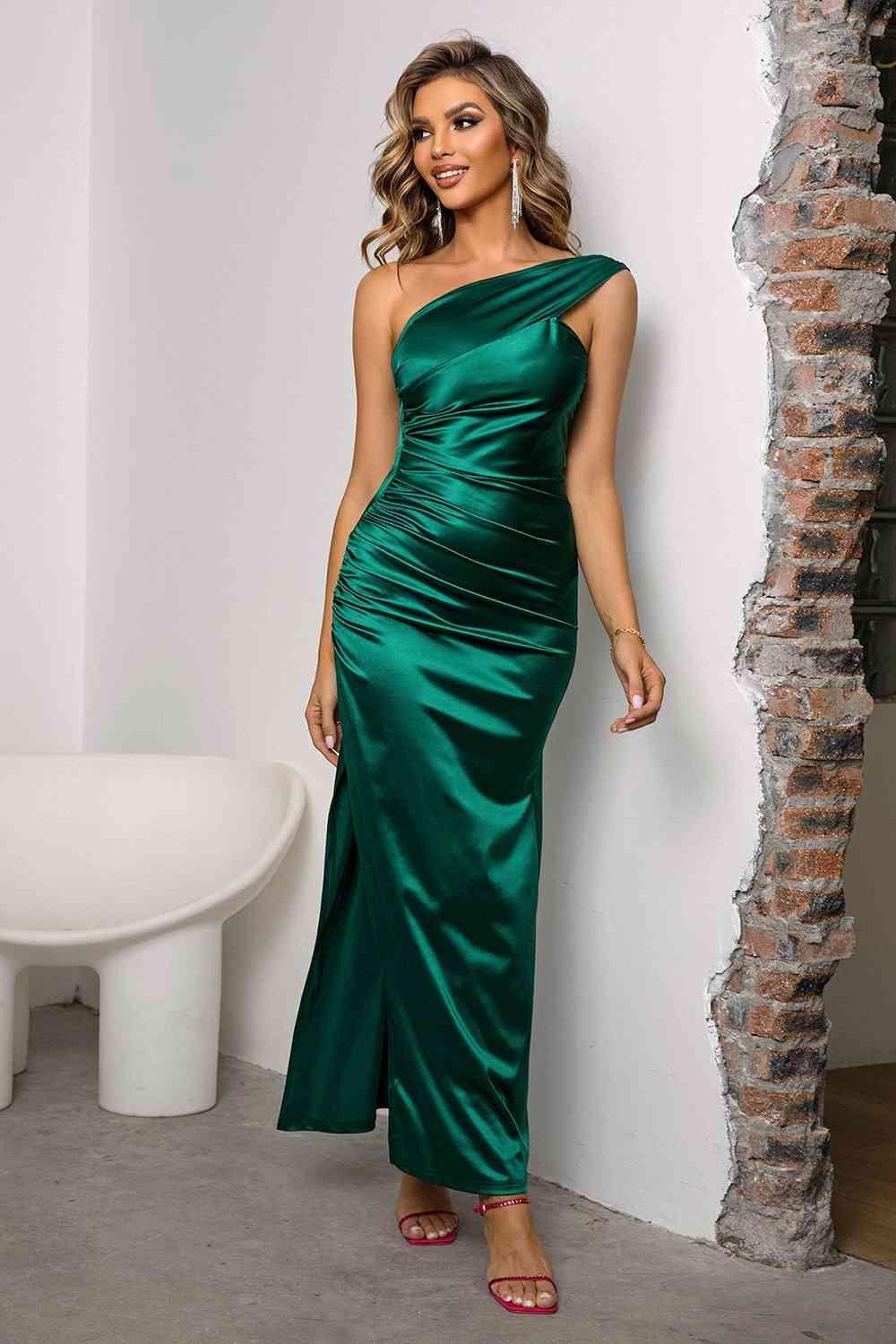 One-Shoulder Ruched Slit Maxi Dress formal dress Green