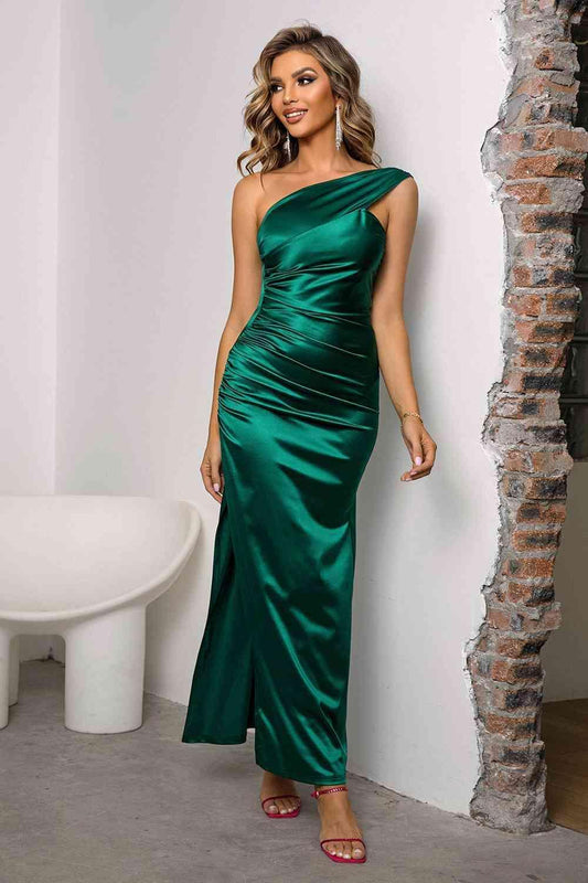 One-Shoulder Ruched Slit Maxi Dress formal dress Green