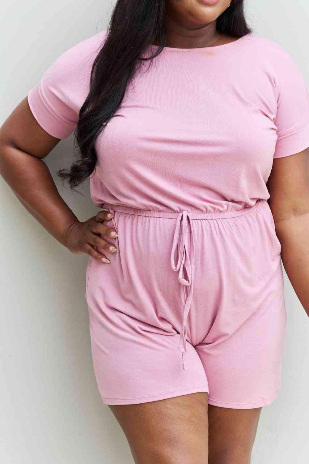 Zenana Chilled Out Full Size Short Sleeve Romper in Light Carnation Pink rompers