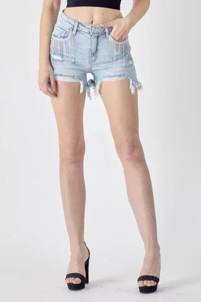 RISEN Frayed Hem Denim Shorts with Fringe Detail Pockets shorts