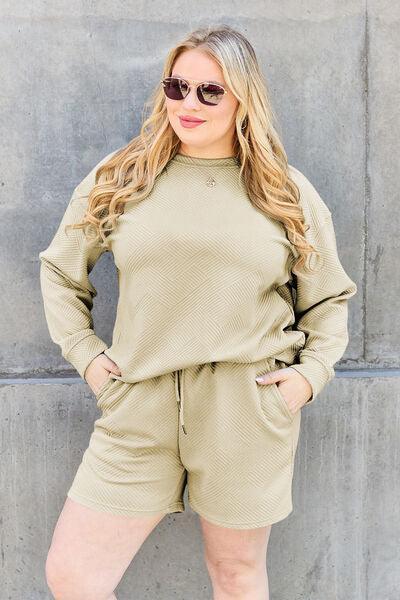 Double Take Full Size Texture Long Sleeve Top and Drawstring Shorts Set Clothing Set