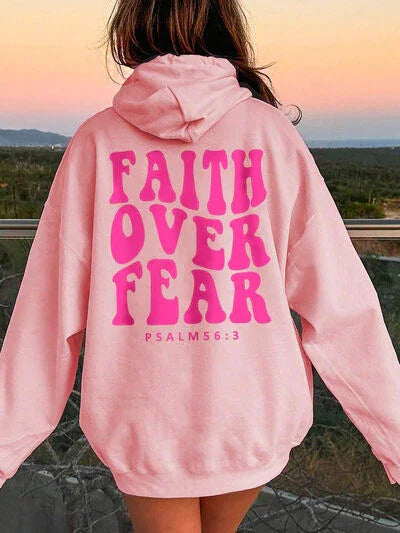 FAITH OVER FEAR Dropped Shoulder Hoodie Sweatshirt Carnation Pink