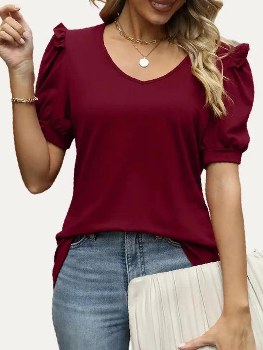 Chic Stretchy V Neck Short Sleeve Woven shirt