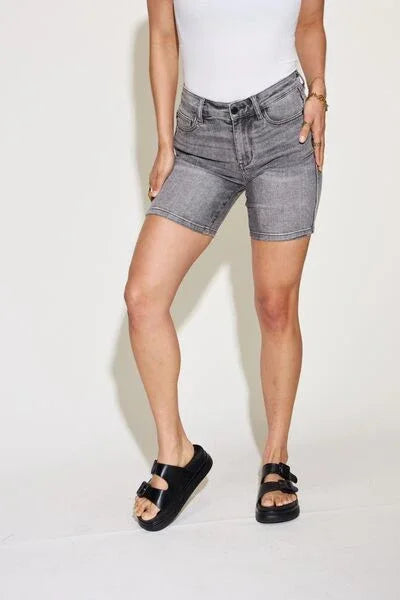 Judy Blue Full Size High Waist Washed Denim Shorts shorts GREY