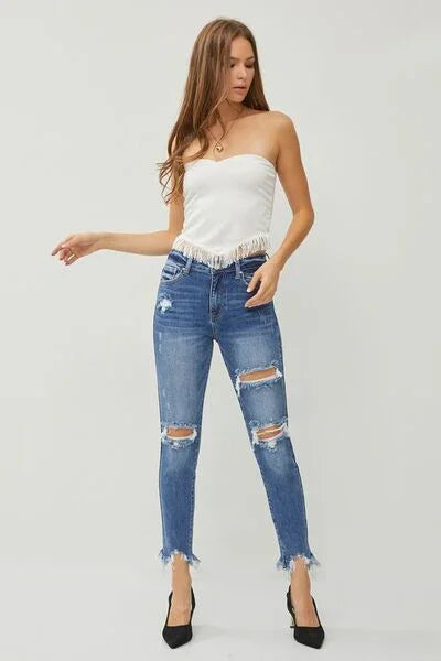 RISEN Distressed Frayed Hem Slim Jeans pants